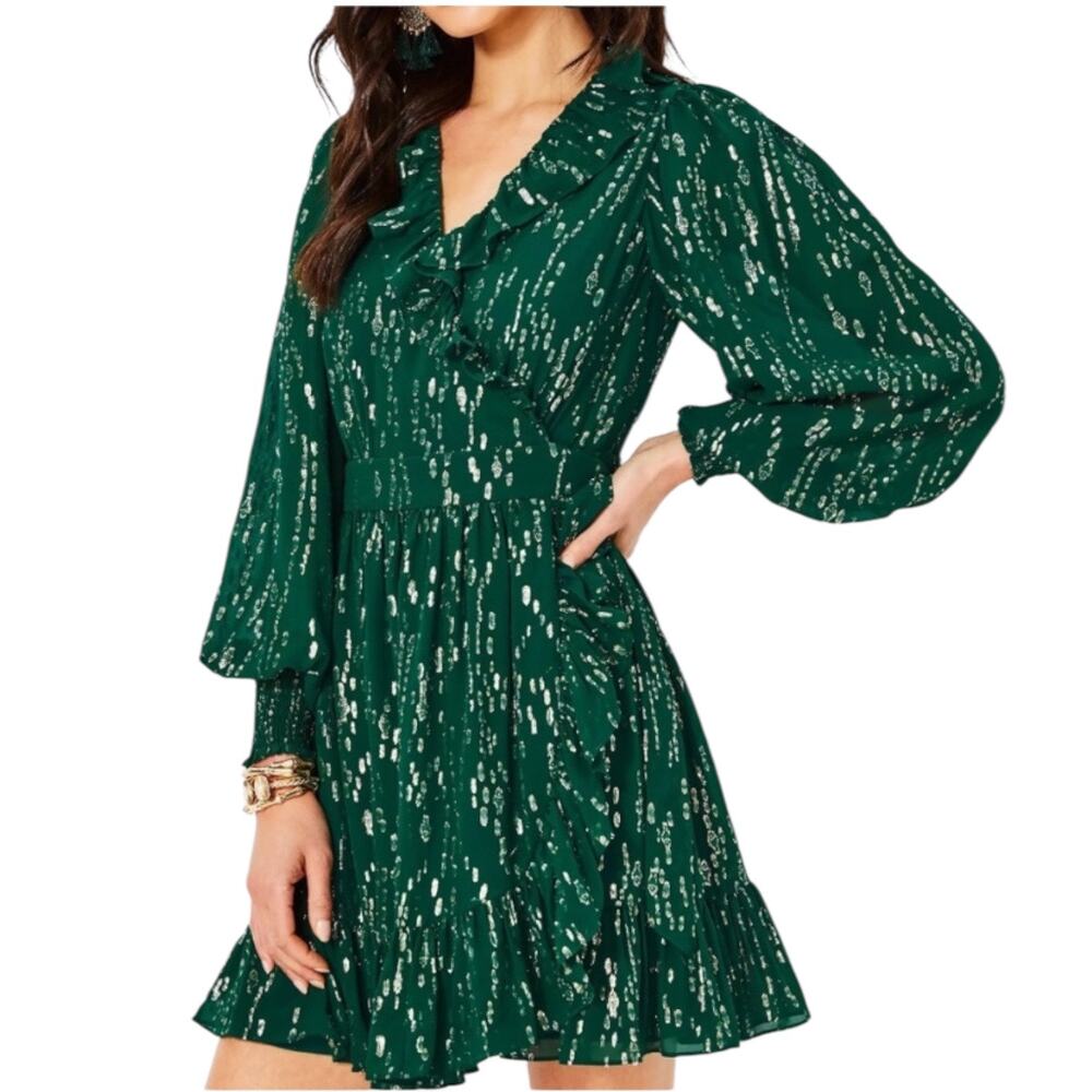 Lilly Pulitzer Birdy Silk Metallic Clip Dot Wrap Dress Green Gold Size 6